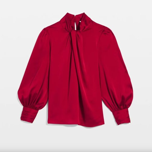 NWT White House Black Market | Long Sleeve Twisted Neck Red Satin Blouse Size 8 - Picture 5 of 13